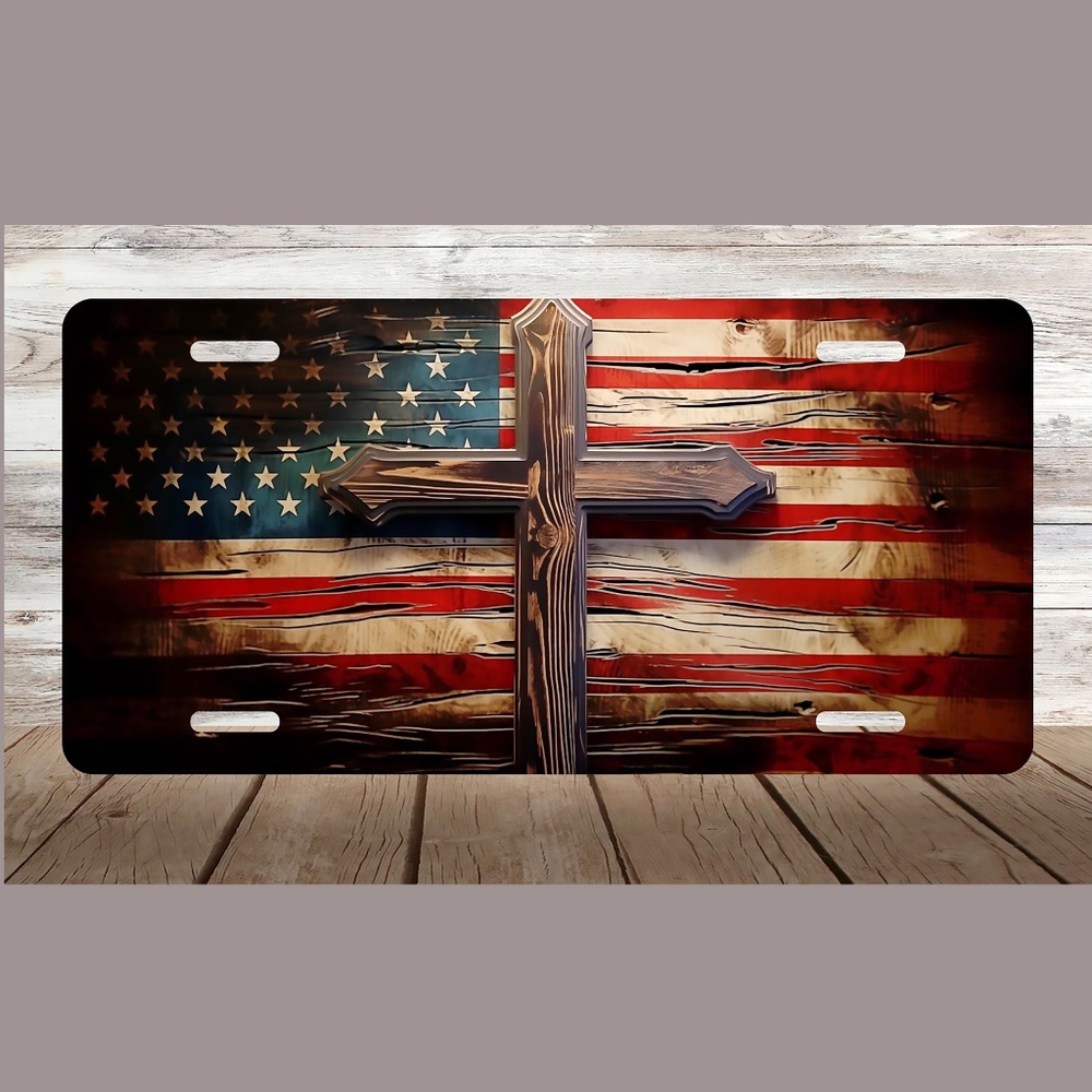 American Flag Christian Cross Car License Plate Auto Tag 6" x 12"